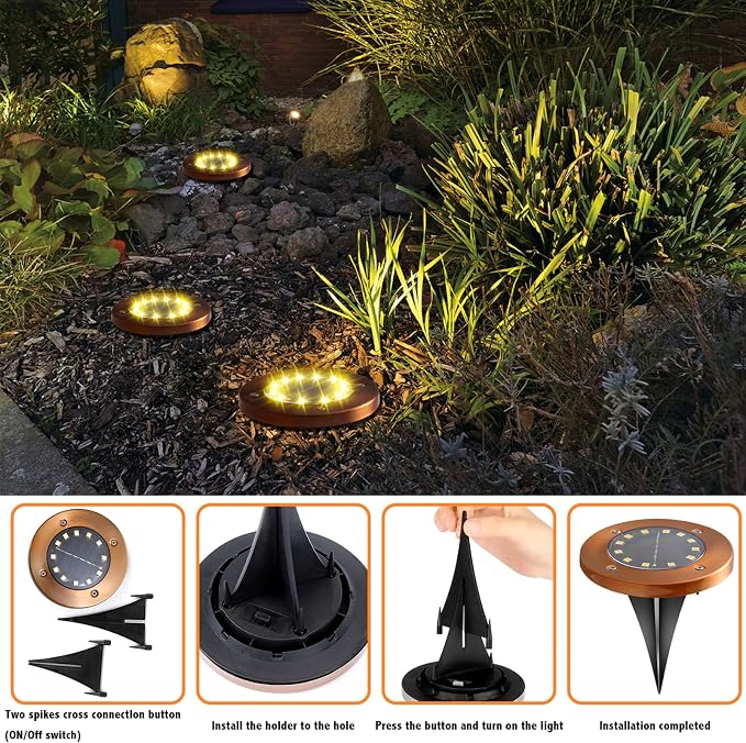 JKIMK Solar Ground Lights Outdoor Waterproof Flat Garden Solar Disk Lights Outdoor Floor Lights 12 LED 4 Pack for Garden Patio Pathway Landscape Driveway Yard Path Decor | Solar Disc Lights 12 Led Driveway Lights Solar Powered 16 Pack for Garden Patio ...