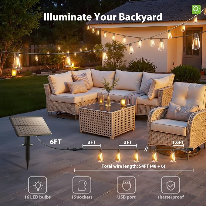 KYY 54FT Solar String Lights Outdoor Waterproof with USB Charging & Remote | Dimmable & Timable, Solar Powered Patio Lights with LED Shatterproof Bulbs for Deck Backyard Porch Garden Camping