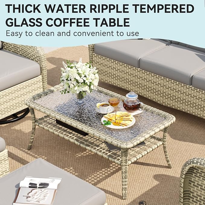 Aoxun Outdoor Coffee Table with Storage Wicker Patio Coffee Table, All-Weather Tempered Glass Top Coffee Table for Patio Furniture Set for Balcony, Garden, Deck, Backyard, Black