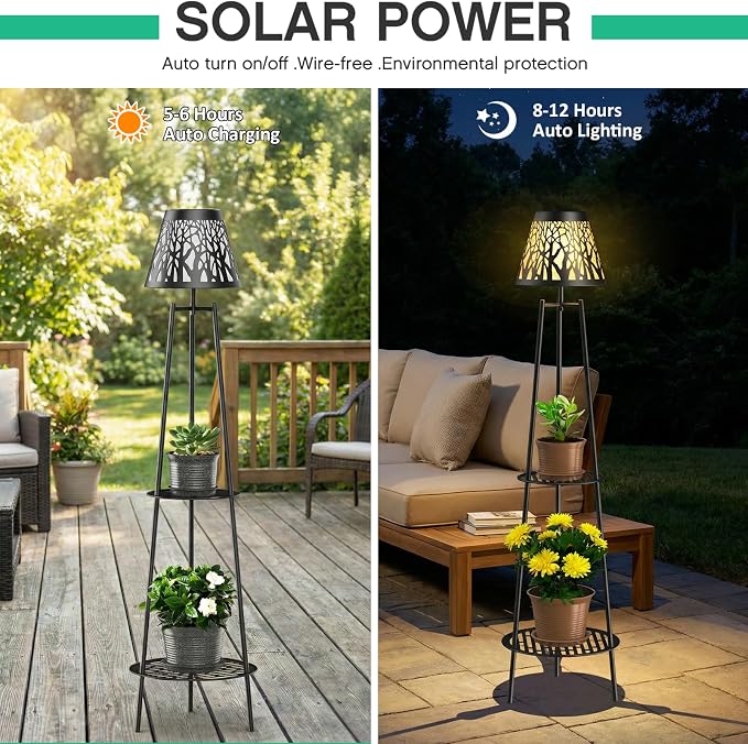 2 Pack Solar Floor Lamps Outdoor with 2-Tier Plant Stand, Metal Tall Planter Holder with Waterproof LED Lantern, Decorative Patio Light & Flower Pot Display Rack for Garden, Deck, Porch, Balcony
