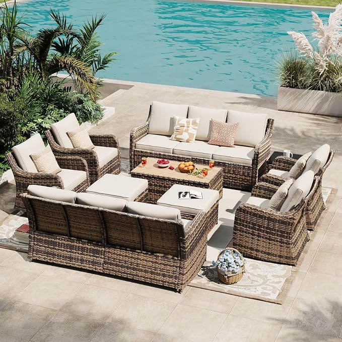 MEISSALIVVE Outdoor Patio Furniture Set with Swivel Chair, 10 Pieces Patio Conversation Set, Patio Sectional Furniture Set with 2 Three-seat Sofa, 2 Fixed Single Chair and Coffee Table (Brown)