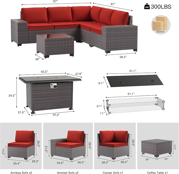 7 Pieces Outdoor Patio Furniture Set with 43"/55000BTU Gas Fire Pit Table,PE Rattan Wicker Outdoor Conversation Sofa Set Non-Slip Cushions Waterproof Covers for Backyard,Poolside,Garden,Red