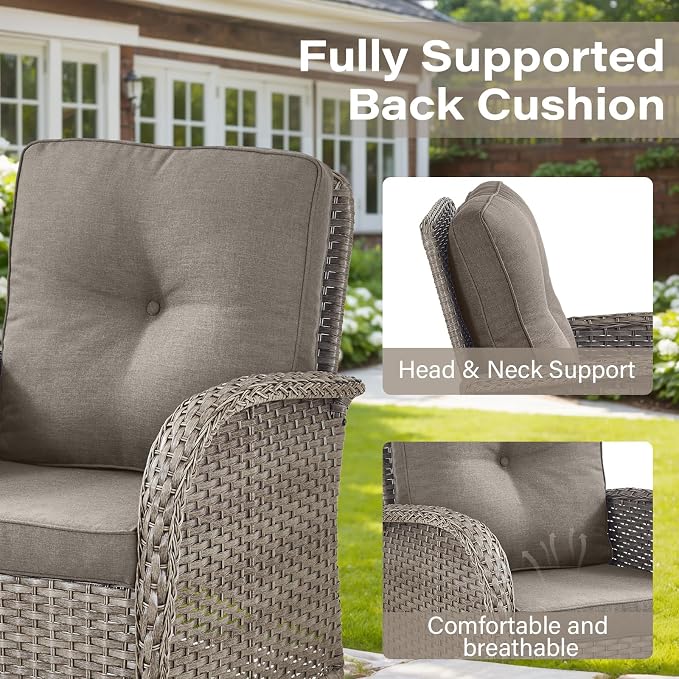 Belord 5 Pieces Patio Furniture Set with 30” Propane Fire Pit Table, Deep Seating Swivel Rocker Glider Outdoor Chairs Set of 4 with Side Table Set of 2 Patio Conversation Set Gray Wicker