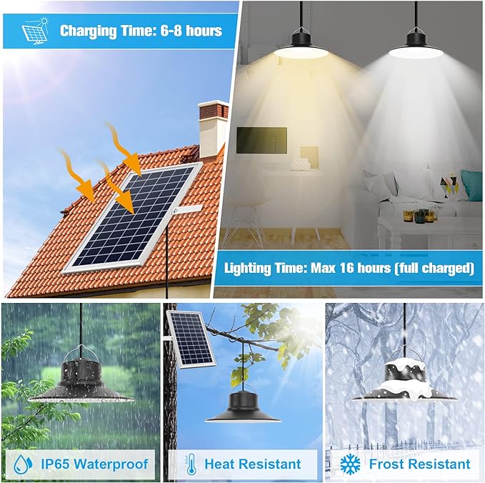 NIORSUN Solar Indoor Lights Outdoor, LED Solar Pendant Lights 3 Color Dimmable Lighting with Remote Control, Gazebo Lights,2x16.4ft Cable IP65 Waterproof for Garden, Patio, Garage, Camp(2 Pack)