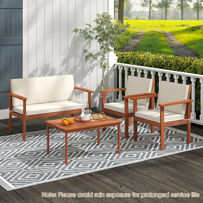 COSTWAY 8 Pieces Acacia Wood Conversation Set, Acacia Wood Porch Chairs with Table, Loveseat and Cushions, Outdoor Conversation Sofa Set for Garden, Balcony and Backyard