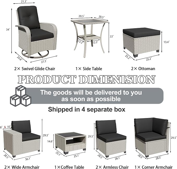 11-Piece Outdoor Patio Furniture Set, Modular Sectional Sofa Set with Swivel Rocker Chairs & Ottomans, Wicker Outdoor Couch Conversation Sets w/Coffee Table and Cushions, Black