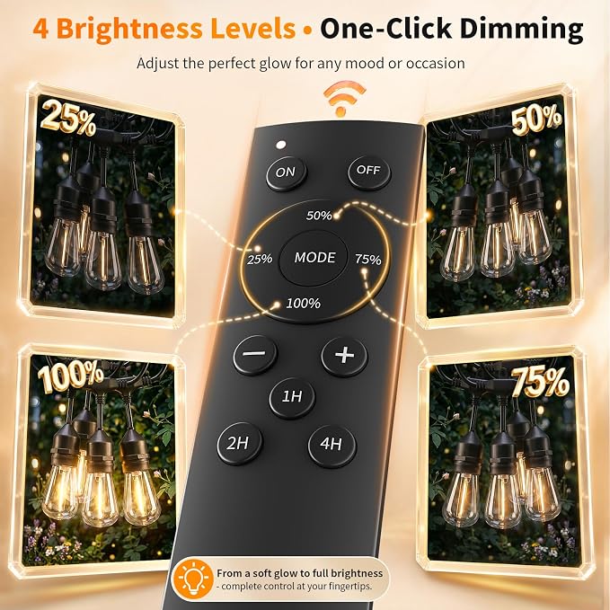 Hotsonic Remote Control Outdoor String Lights Waterproof, 50 FT LED Outside Lights with Shatterproof Bulbs, Dimmable Hanging S14 Lights 3 Modes for Patio Porch Garden pergola Yard Party House Decors