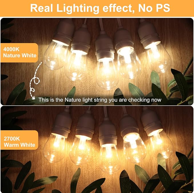 96FT (2x48FT) LED Dimmable Outdoor String Lights, Patio String Lights Waterproof, Commercial Grade&Shatterproof, 4000K Natural White, White Cords, 15 Hanging Sockets String for Backyard, Gazebo