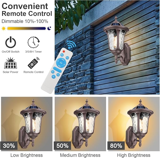 Outdoor Light Fixtures Wall Mount Dusk to Dawn Solar Exterior Wall Sconce Lanterns Remote Control with Water Ripple Glass Lamp Shade for Patio Yard House Hallway, 17'' Medium ORB Color