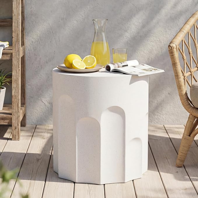 HOMPUS Outdoor Side Table with Checkeboard Grain Tabletop, Round Shaped MgO Lightweight Concrete End Tables, Modern Vintage Patio Accent Table for Indoor Outdoor Use, Spotted White