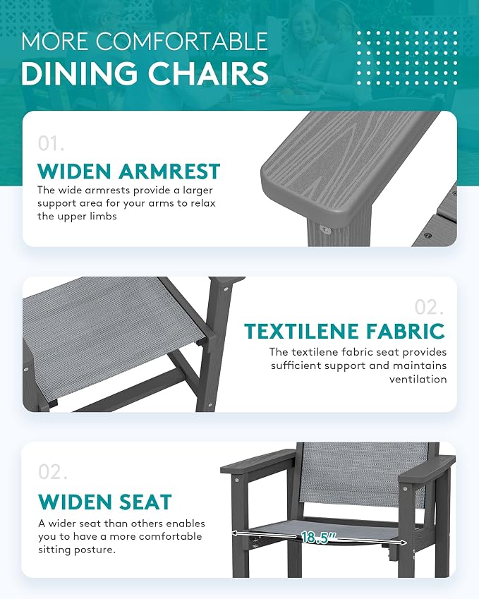 SERWALL Outdoor Dining Chairs Set of 2, Grey | All-Weather HDPE and Patio Textilene Chairs Suitable for Outdoor Dining Table