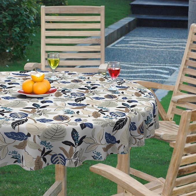 DYTXIII Outdoor Round Tablecloth with Umbrella Hole 60 Inch, Water Repellent & Fade Resistant Table Cover, All Weather Outdoor Tablecloth for Garden & Party Table, Breeze Leaves Beige