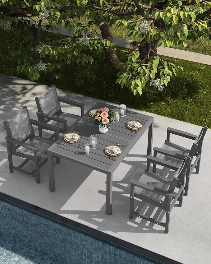 SERWALL Outdoor Dining Chairs Set of 2, Grey | All-Weather HDPE and Patio Textilene Chairs Suitable for Outdoor Dining Table