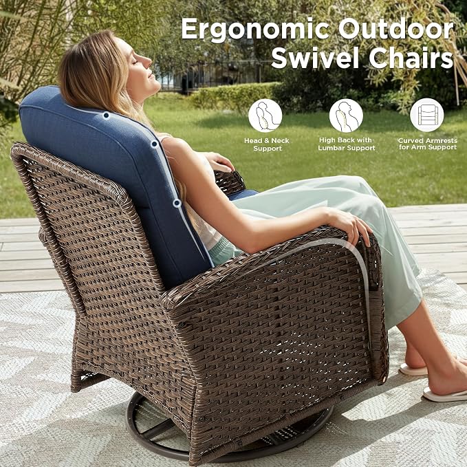 8 Pieces Luxury Patio Furniture Set with 42.5" Fire Pit Table, 6-Inch Thick Cushions Wicker Outdoor Furniture with Outdoor Rocking Chairs Set of 4, Outdoor Patio Conversation Set for Garden, Blue