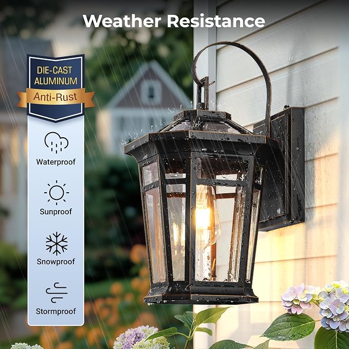 VIANIS Large Exterior Wall Light, Waterproof Dusk to Dawn Porch Lights, Rustproof Aluminum Outdoor Wall Lamp, Black Gold Trim Exterior Porch Lights, Outside Lighting Fixtures for House, Garage, Coach