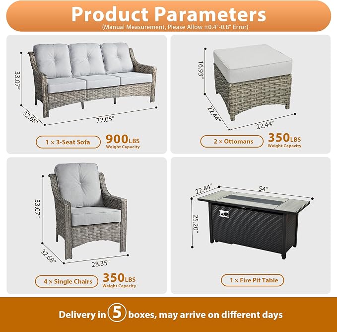 Outdoor Patio Furniture Sets, 8 PCS Patio Conversation Set Outside Rattan Sofa with 54 in Fire Pit Table Comfy Cushions Fit Backyard Porch Garden Poolside Balcony,Light Grey