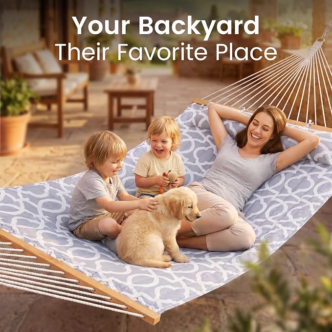 Everyfun Double Hammock with Spreader Bar - 2 Person Patio Hammock, 500 lbs Capacity, Soft Pillow & Carry Bag, Flat Wide Bed, Portable Quilted Hammock for Outdoor Camping Backyard Garden,White Gray