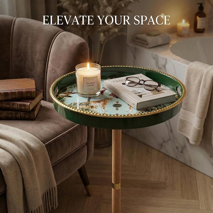 Gesodant Boho Single Leg Round Side Table with Tray Top, Pedestal Drink Table for Small Spaces, Aesthetic Accent Nightstand for Living Room, Bedroom, Corners, and Office (Yellow Leg Leopard)