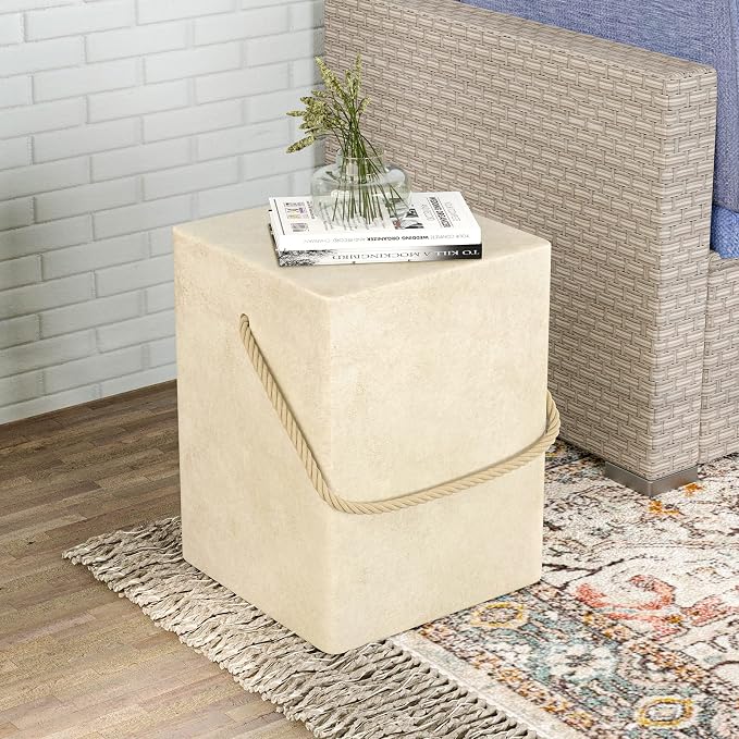 HOMPUS Outdoor Side Table Sets of 2 w Hemp Rope Handle, 2 Pieces Patio MgO Concrete Natural End Table, Square Accent Table Sets, Small Coffee Table for Garden, Patio, Porch and Deck, Warm Grey