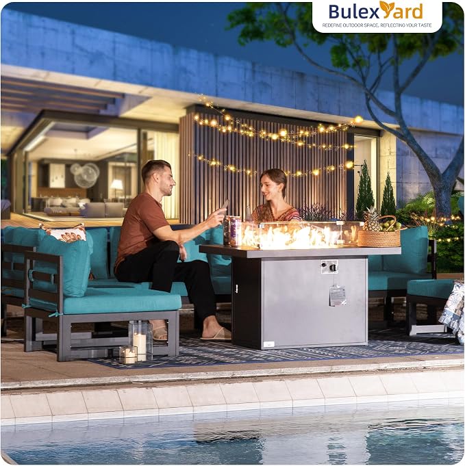 BULEXYARD 6 Person Large Modern Aluminum Outdoor Patio Furniture Set with Fireplace, 29" Wide Deep Seating, L Shaped Combo Sectional Couch, Water Resistant Conversation Set for Backyard Terrace, Teal