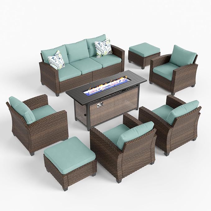 HERA'S HOUSE Patio Furniture Set with Fire Pit Table, Outdoor Wicker Furniture, All Weather Deep Seating Conversation Sofa Set, Brown Rattan Chairs for Deck Backyard, Blue