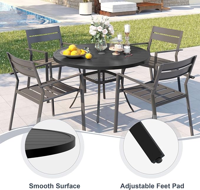 VICLLAX 5 Pieces Patio Outdoor Dining Set, 40.6" Round Metal Table with Umbrella Hole and 4 Stackable Textilene Chairs for Patio, Lawn, Garden, Porch, Black/Dark Blue