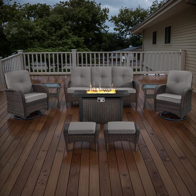 Belord 8 Piece Patio Furniture Set with 50000 BTU Propane Fire Pit Table, Outdoor Conversation Set with 2 Swivel Rocker Chairs Wicker Sofa and Ottomans for Casual Gatherings Beige Cushion