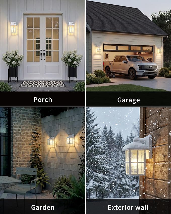 KDG White Outdoor Waterproof Modern Patio Wall Light Fixtures Set of 2 | E26 Socket Exterior Lanterns & Sconce with Tempered Glass, Wall Mounted Lamps for Home, Front Door, Garden, Garage, Porch