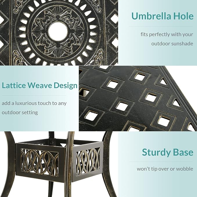 MEETWARM 5-Piece Outdoor Furniture Dining Set, All Weather Cast Aluminum Conversation Set Includes 4 Chairs and a 31.5” Square Table with 2.2" Umbrella Hole for Patio Garden Deck, Lattice Weave Design