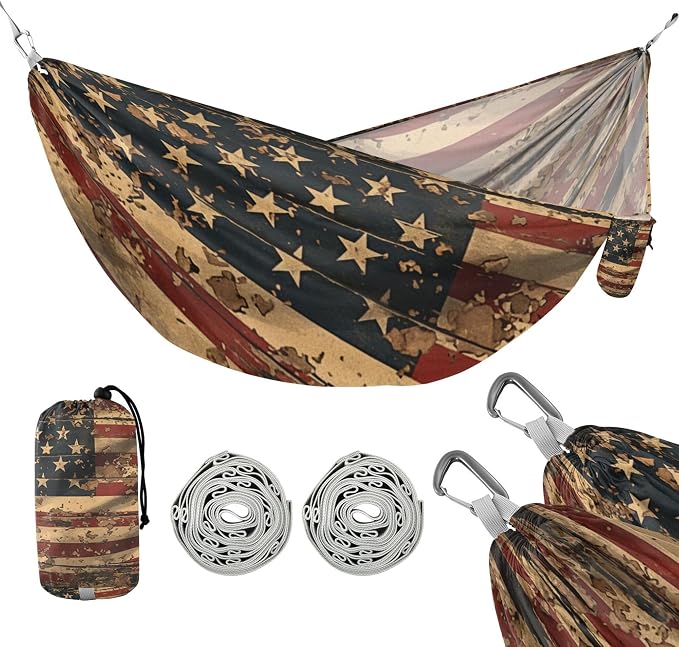 Gritty Military American Flag Outdoor Hammock with Tree Straps Cloth Hammock for Outside Patio Garden