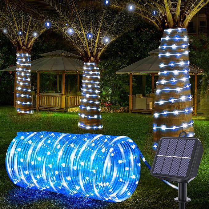 Solar Rope Lights, 33ft 100LED Solar String Lights, 8 Modes Waterproof Solar Outdoor Light, Flexible Clear Trampoline Light for Garden Backyard Patio Deck Porch Pool Tree Decoration - White & Blue