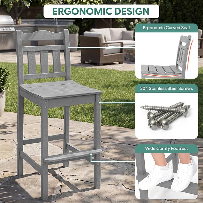 Outdoor Bar Stools Set of 4, HDPE Adirondack Bar Chairs with Backs, All-Weather High Top Patio Chairs, Heavy Duty Armless Bar Height Chair for Balcony, Garden, Deck (Slate Grey, 4pcs Set)