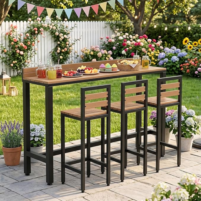 Outdoor Patio Bar Height Table with Baffle, Weather Resistant High Counter Table Porch Pub Tables Wood-Plastic Tabletop, for Poolside Garden Balcony Restaurant Cafe(Black,39.3"x15.7"x40.5")
