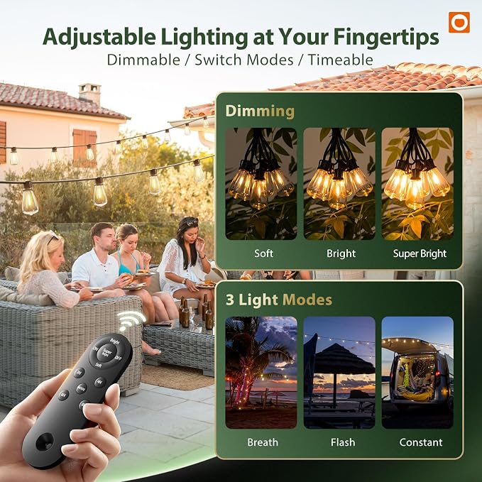 addlon 102FT(96+6) Solar String Lights Outdoor with Remote, 48 LED Dimmable | Waterproof Patio Hanging Lights (2FT Bulb Spacing), Long-Lasting Solar Light for Outside, Yard, Backyard, Garden, Camping