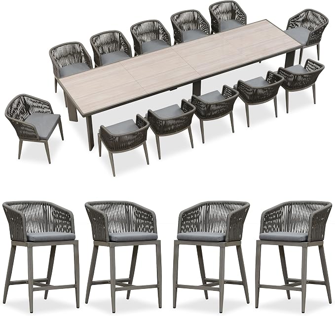 PURPLE LEAF 13 Pieces Outdoor Dining Set Patio Table and Chairs Set Aluminum Rattan Wicker Patio Furniture Set for Lawn Porch Deck Grey with Counter Stools