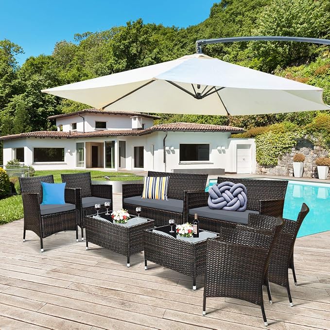 8 Pieces Patio Sofa Set, Patio Rattan Furniture Set with Ergonomic Curved Backrest, Water-Resistant Cushion & Tempered Glass Table for Balcony, Porch (Gray)