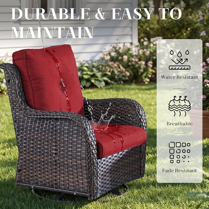 Rilyson Wicker Rocking Chair Swivel Chairs - 2 Piece Rocker Patio Chairs Set Rattan Rocking Chair for Outdoor Porch Deck Garden Backyard (Brown/Red)