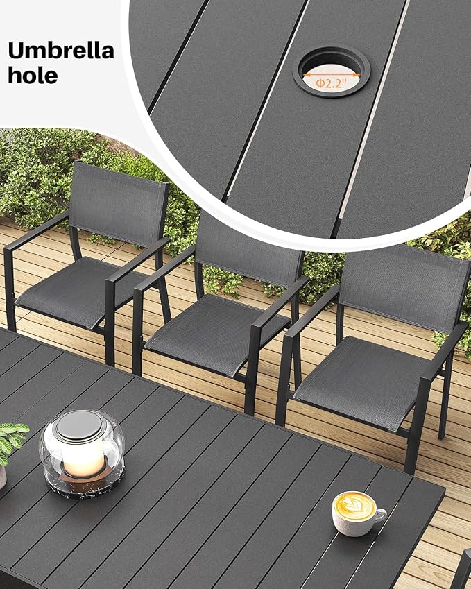Expandable Outdoor Dining Table for 8, Never-Rust Aluminum Patio Dining Table, 63''-83'' X-Shaped Extendable Dining Table with Umbrella Hole for Garden Deck Indoor or Outdoor Meals, Black