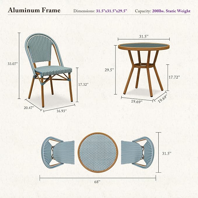 PURPLE LEAF 3-Piece French Bistro Dining Set Round Outdoor Patio Table and 2 Armless Chairs Tempered Glass Top PE Rattan Bamboo Print Finish Aluminum Frame Light Blue