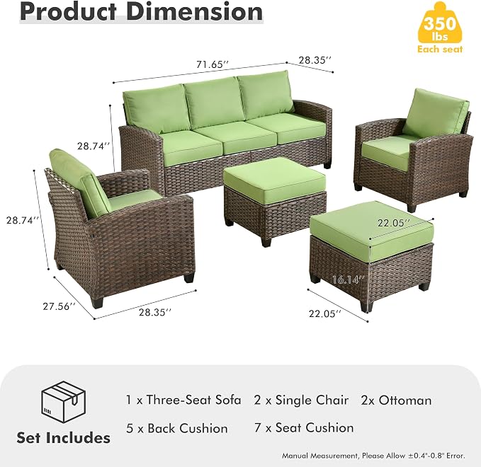 CAODOC Patio Furniture Sets, Outdoor Wicker Furniture with Ottomans, 5 Pieces Outdoor Sofa Couch Conversation Set with Cushioned Rattan Chairs for Garden Poolside Backyard, Green
