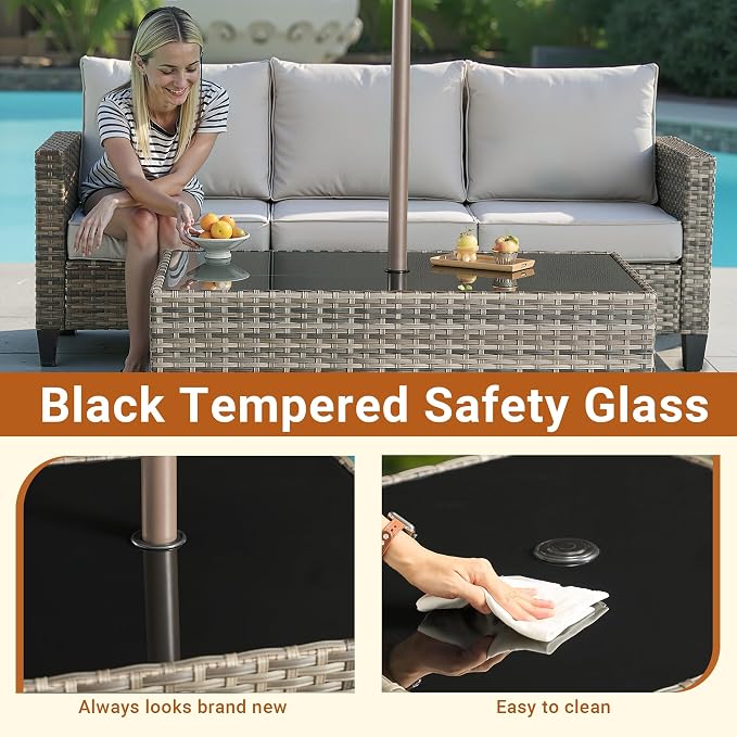 HOOOWOOO Outdoor Patio Side Table with Umbrella Hole,Wicker Coffee End Table Glass Top,Umbrella Table with 1.64" and 2" Hole for Yard,Deck,Porch,Garden(Rectangle Brown)