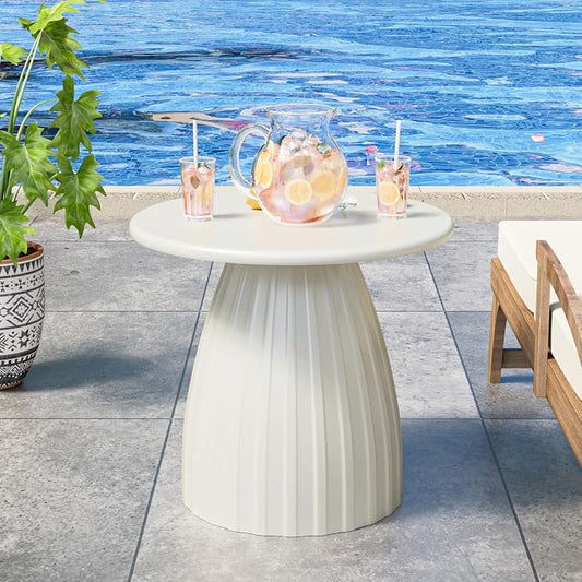 Round Small Patio Side Table, Patio Furniture Accent End Table, Metal Steel Outdoor Side Table, for Garden, Pool, Yard, Balcony, Living Room, Deck, Weather Resistant, No Assembly, Beige White