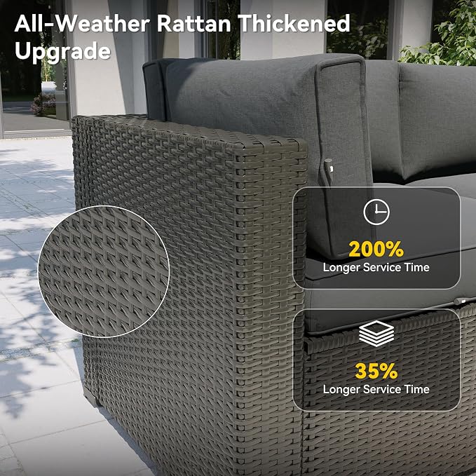 Aoxun Patio Furniture Set with Umbrella, 8 Piece Outdoor Sectional Sofas, Wicker Rattan Outdoor Furniture with Thickened Cushion for Backyard, Garden Dark Grey