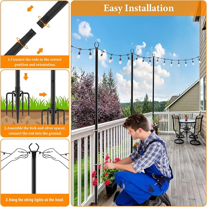 Mutovlin 6 Pack String Light Poles,10 Ft Light Poles for Outside String Lights,Outdoor Lights Pole with Fork,Metal Poles Stand for Patio Deck Backyard