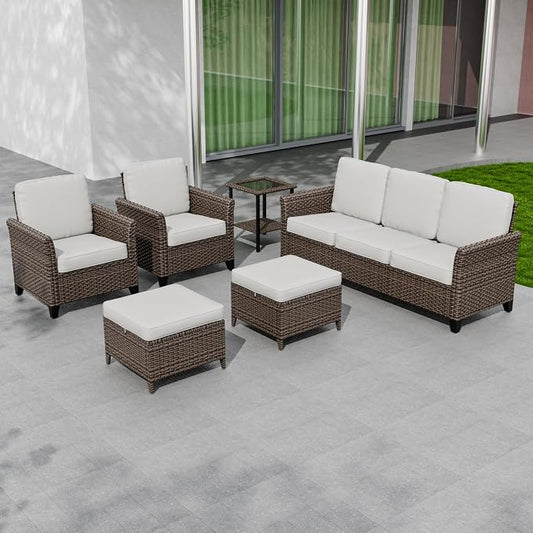 COOS BAY Harbor Retreat 6 Piece Outdoor Furniture Set, Patio Conversation Set with Patio Chairs, 3 Seat Couch, Side Table and Ottomans, Wicker Furniture, Brown/Beige