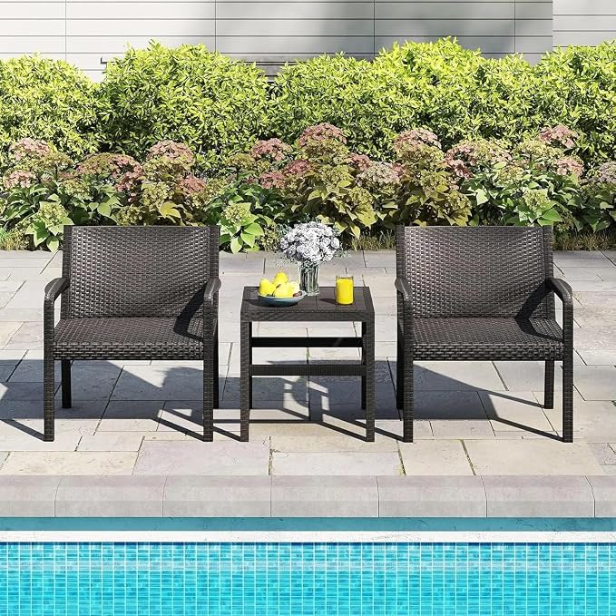 3 Piece Patio Furniture Set Outdoor Wikcer Conversation Set with 2 Rattan Armchair 25" Square Side Table for Courtyard Garden