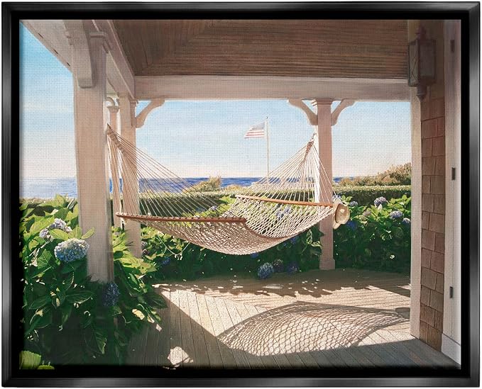 'Tranquil Hammock Warm Sunlit Porch Rural'| Floating Frame Canvas Art | Stupell Industries | Black, 31 x 25 Inches, Easy to Hang and Sturdy, Made in USA, by Tom Mielko