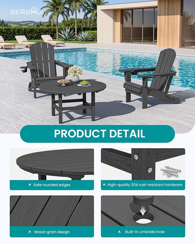 SERWALL 5-Piece Outdoor Furniture Set, Round Coffee Table with Umbrella Hole & Adirondack Chairs with Cup Holders, Grey