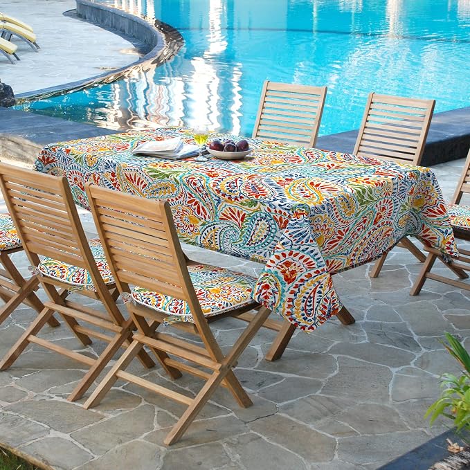 DYTXIII Outdoor Rectangle Tablecloth with Umbrella Hole and Zipper 84" x 60", Water Repellent Floral Picnic Cover, Fade & Wrinkle Resistant Tablecloth for Patio/Garden/Party Table, Paisley Multi