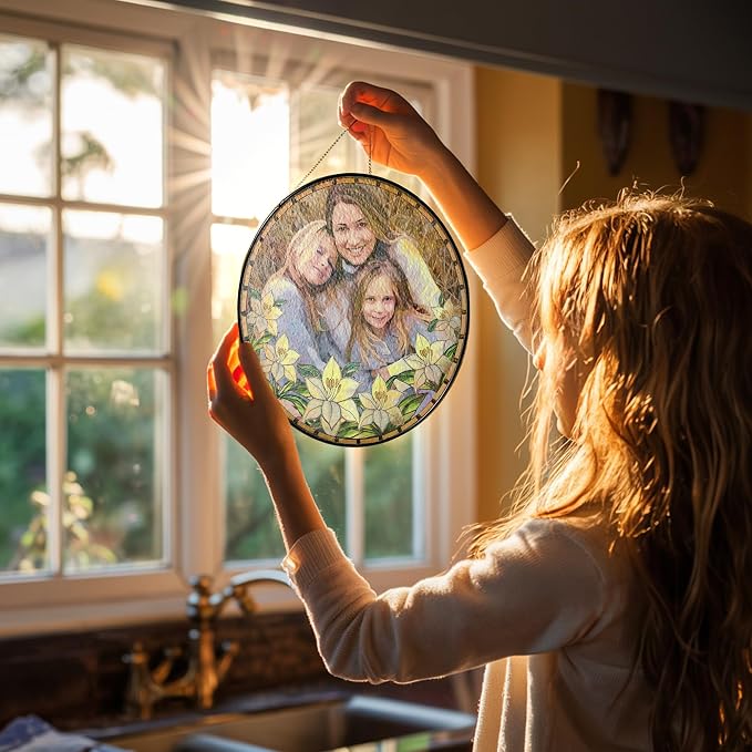 Custom Photo with Flowers, Personalized Stained Glass Window Hanging Suncatcher - Mother's Day, Birthday Gift for Mom, Grandma, Family, Portrait Family